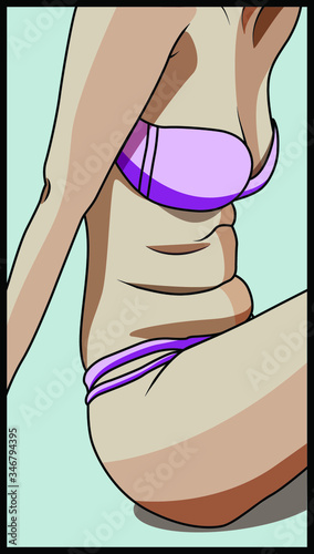 A woman's body with a fat belly in lilac underwear with black outline. Body positive illustration, love your body.