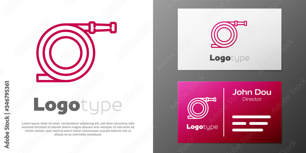 Fototapeta premium Logotype line Garden hose or fire hose icon isolated on white background. Spray gun icon. Watering equipment. Logo design template element. Vector Illustration