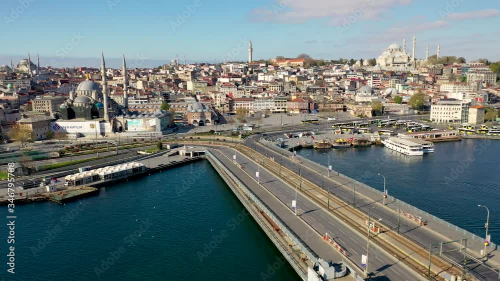 Galata Tower Aerial View with drone from Istanbul Eminonu at Covid-19 Pandemic Curfew. Galata Tower Aerial View with drone from Istanbul Eminonu at Covid-19 Pandemic Curfew.
