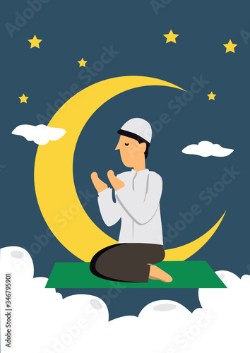 Muslim Man praying on a green mat with crescent moon, stars and a night background. Ramadan fasting or Hari Raya concept.