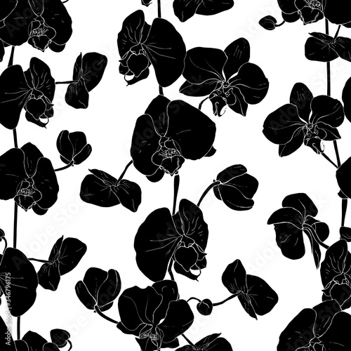Seamless floral pattern with black silhouette flowers orchid on white background. Hand drawn. Tropical plants for design, textile, print, wallpapers, wrapping paper. Vector stock illustration.