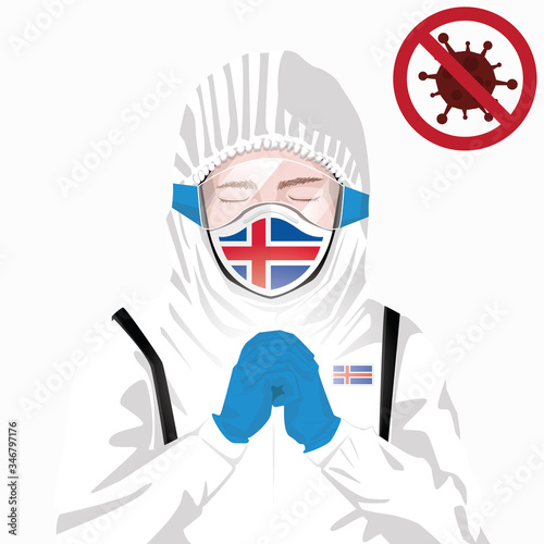 Covid-19 or Coronavirus concept. Icelandic medical staff wearing mask in protective clothing and praying for against Covid-19 virus outbreak in Iceland. Icelandic man and Iceland flag. Pandemic virus