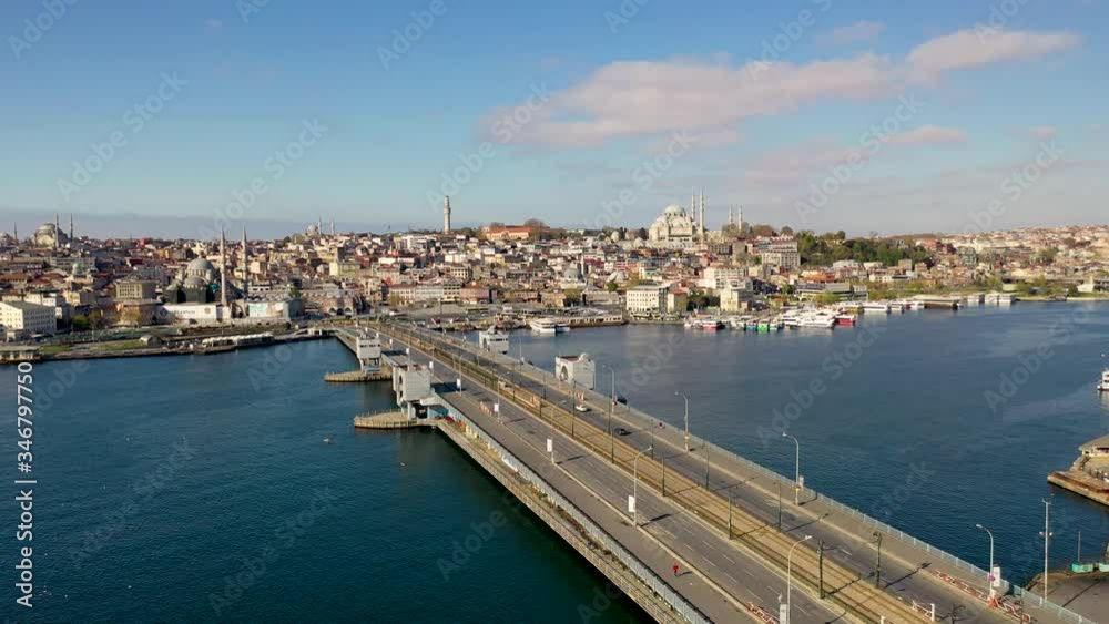 Galata Tower Aerial View with drone from Istanbul Eminonu at Covid-19 Pandemic Curfew. Galata Tower Aerial View with drone from Istanbul Eminonu at Covid-19 Pandemic Curfew.
