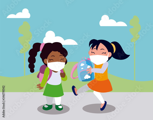 Girls kids cartoons with masks and school bags at park vector design