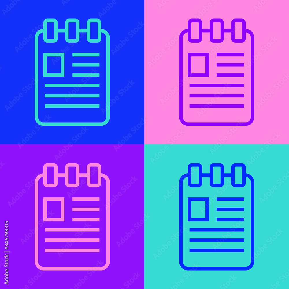 Pop art line Notebook icon isolated on color background. Spiral notepad icon. School notebook. Writing pad. Diary for school. Vector Illustration Pop art line Notebook icon isolated on color background. Spiral notepad icon. School notebook. Writing pad. Diary for school. Vector Illustration