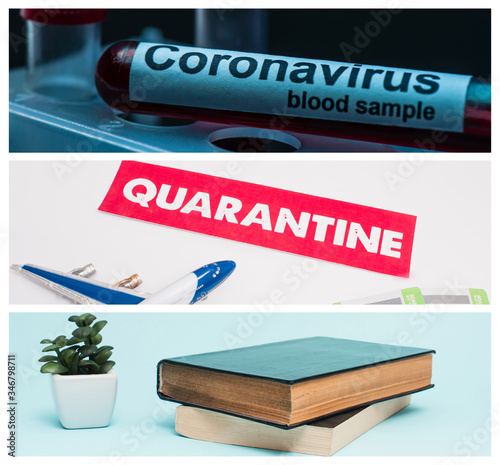 Collage of test tube with coronavirus blood sample, card with quarantine lettering near toy and flowerpot with money tree near books