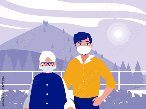 Man and grandmother with mask in front of landscape vector design