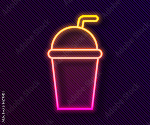 Glowing neon line Paper glass with drinking straw and water icon isolated on black background. Soda drink glass. Fresh cold beverage symbol. Vector Illustration