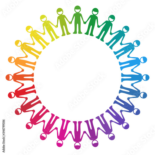 Circle with human chain wearing face masks / rainbow colors / vector