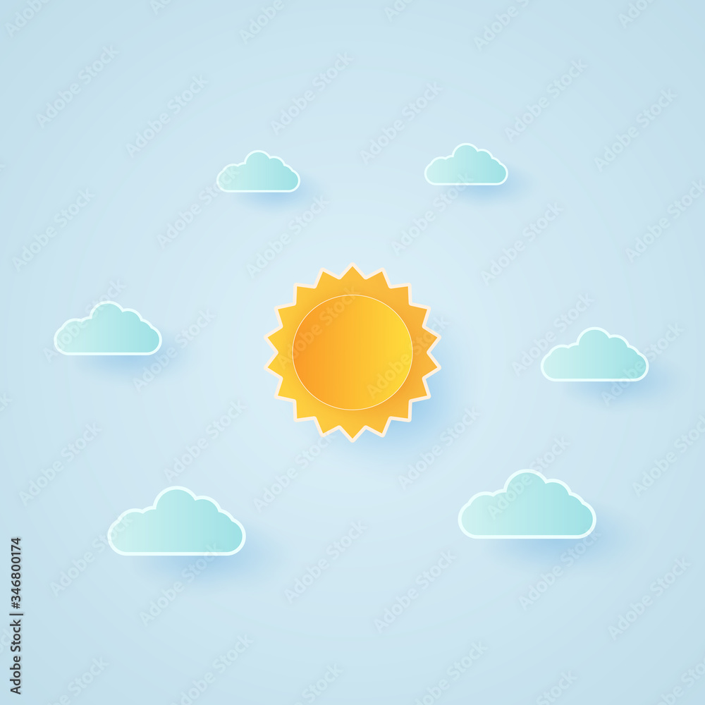 Cloudscape, blue sky with clouds and bright sun, paper art style Cloudscape, blue sky with clouds and bright sun, paper art style