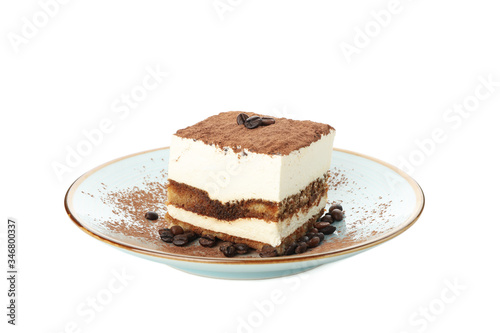 Sweet tiramisu isolated on white background. Tasty dessert