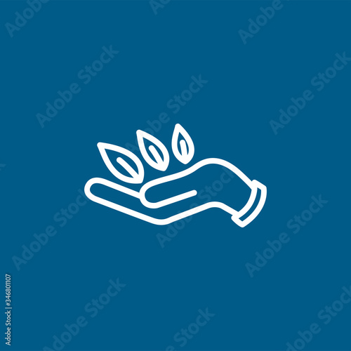 Leaf in Hand Line Icon On Blue Background. Blue Flat Style Vector Illustration