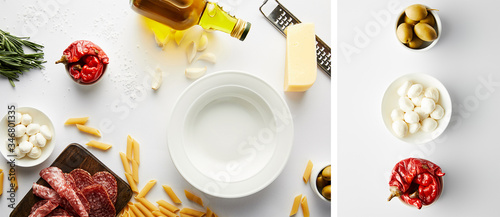 Collage of plate, bottle of olive oil, meat platter, grater, pasta and bowls with ingredients on white, panoramic shot