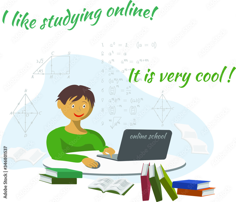 A boy studying on a laptop at an online school, sitting at a table. The slogan A boy studying on a laptop at an online school, sitting at a table. The slogan