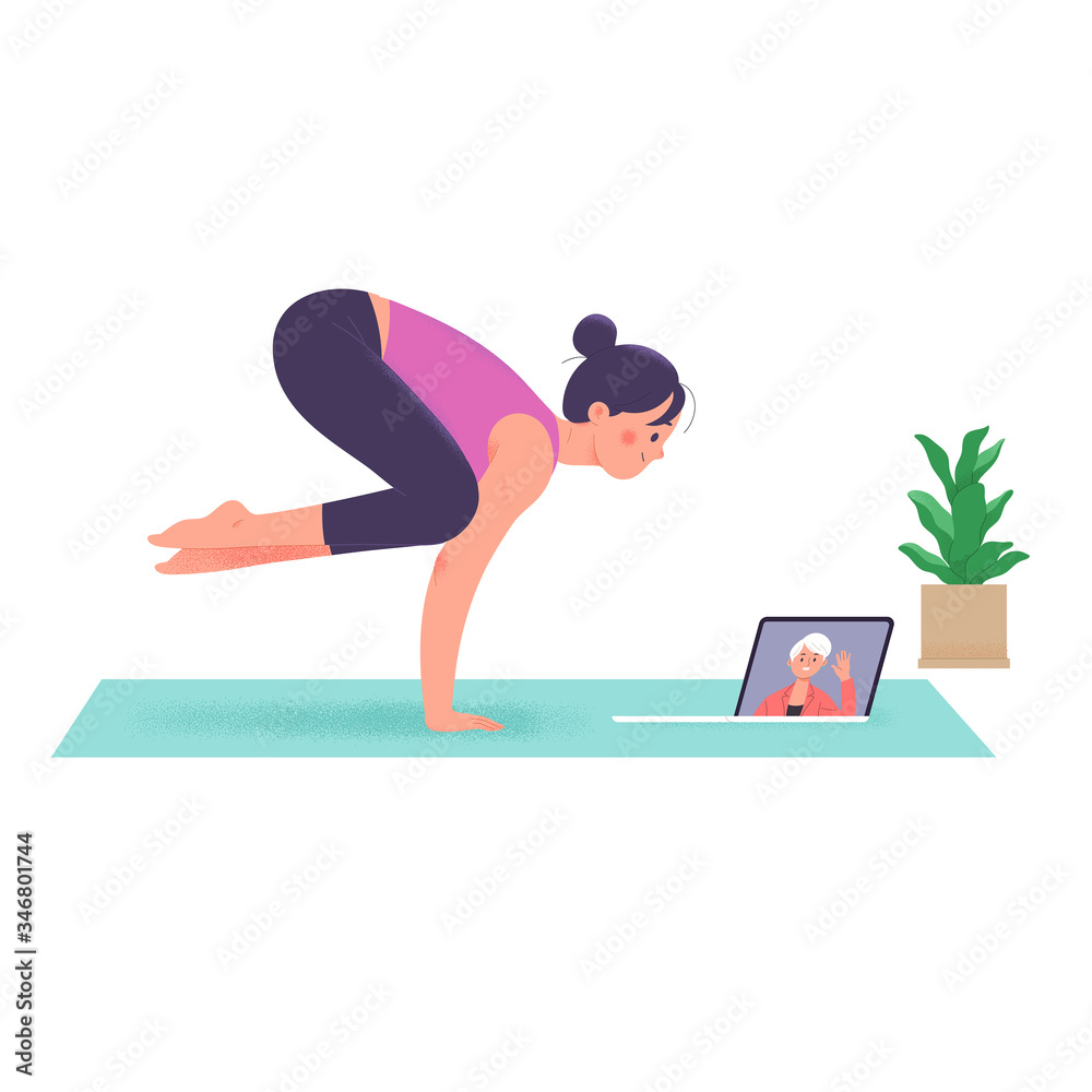 women doing yoga during stay home while doing video call conference women doing yoga during stay home while doing video call conference
