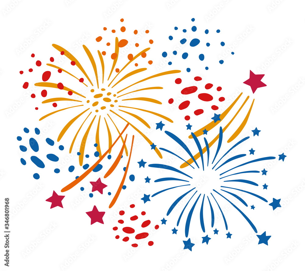 Composition with different cartoon fireworks. Hand drawn vector sketch illustration