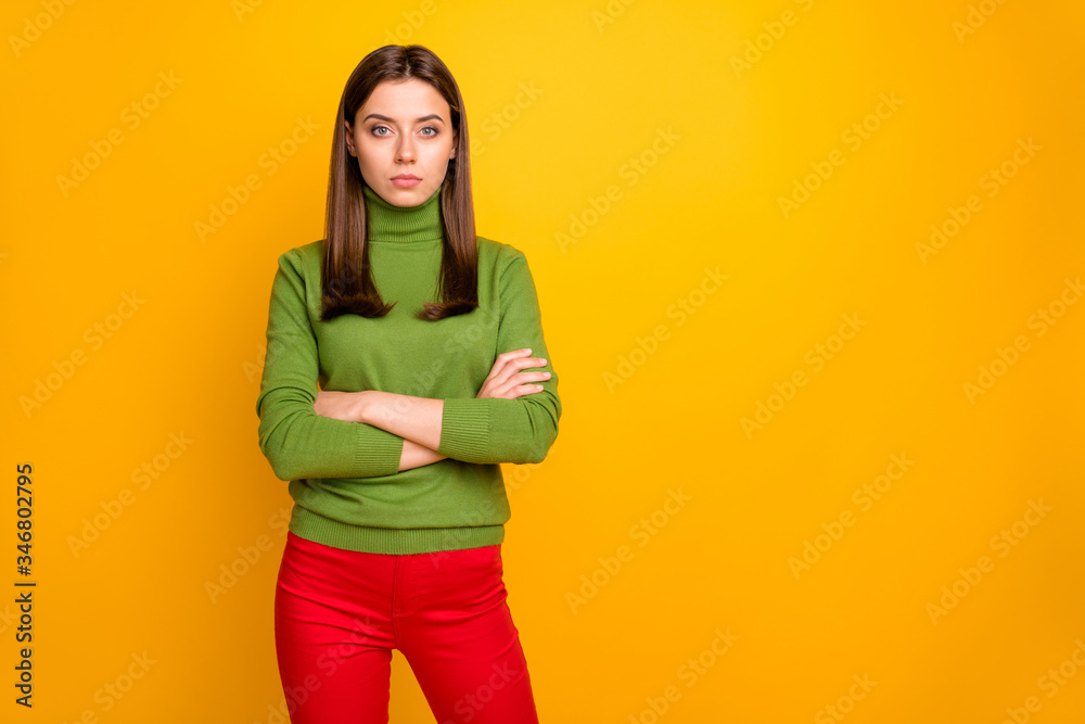 Portrait of serious minded girl real manager cross her hands ready decide study solution wear casual style outfit isolated over vibrant color background