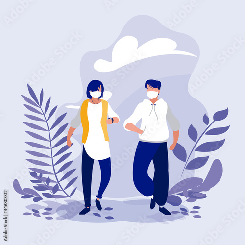 Men with masks and leaves outside vector design