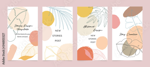 Social media stories and post creative Vector set. Background template with copy space for text and images. Abstract coloured shapes, line arts , floral and leaves, warm color of the earth tone 
