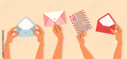 Hands holding envelopes. Variety of isolated vector hands holding postcards and envelopes. Trendy hand-drawn illustration for banner, greeting card and stationery design. Mail delivery and post office