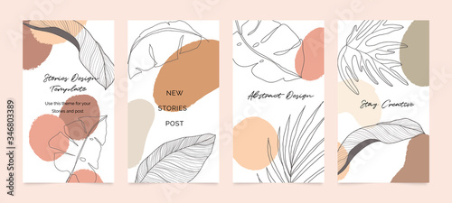 Social media stories and post creative Vector set. Background template with copy space for text and images. Abstract coloured shapes, line arts , floral and leaves, warm color of the earth tone	