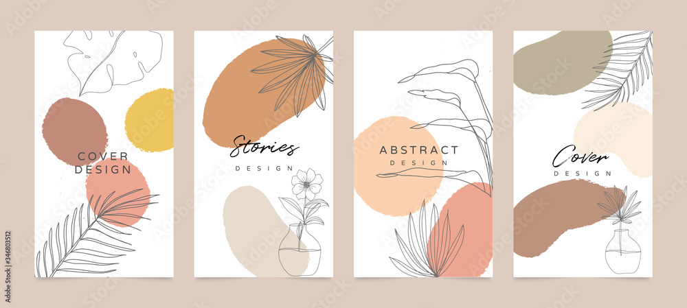 Social media stories and post creative Vector set. Background template with copy space for text and images. Abstract coloured shapes, line arts , floral and leaves, warm color of the earth tone	