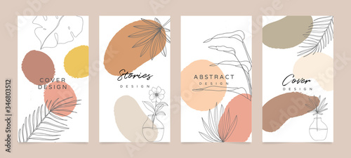 Social media stories and post creative Vector set. Background template with copy space for text and images. Abstract coloured shapes  line arts   floral and leaves  warm color of the earth tone 