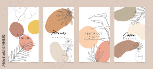 Social media stories and post creative Vector set. Background template with copy space for text and images. Abstract coloured shapes, line arts , floral and leaves, warm color of the earth tone	