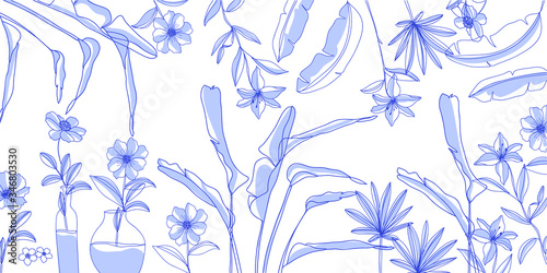 Blue tropical leaf line arts background vector. Abstract Natural wallpaper for packaging design, website and print. Vector illustration.