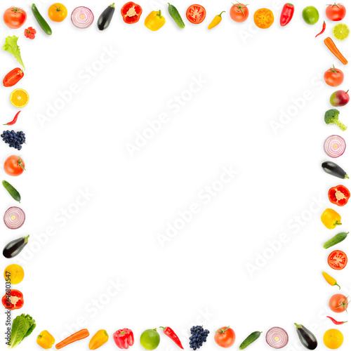 Square frame ripe fresh vegetables and fruits isolated on white. Copy space