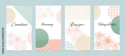 Social media stories and post vector background template with copy space for text and images design by abstract pink and Gold shapes, line arts ,flower, Japanese Cover, invitation design background.