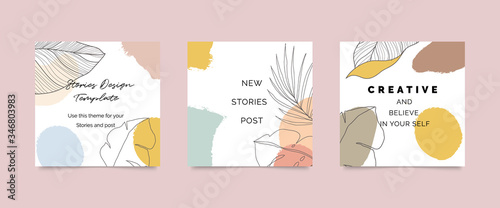 Social media stories and post creative Vector set. Background template with copy space for text and images. Abstract coloured shapes, line arts , floral and leaves, warm color of the earth tone  © TWINS DESIGN STUDIO