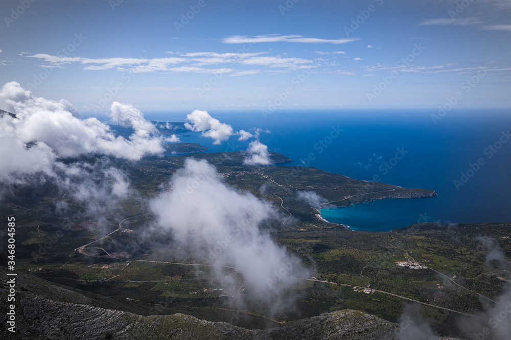 Cloudy foggy mountains landscape view of Exo Mani near Areopoli, Peleponnes, Greece