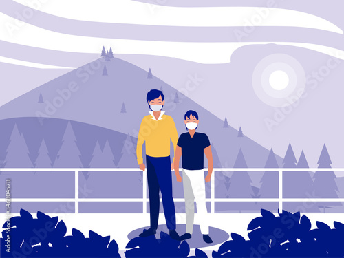 Father and son with mask in front of landscape vector design