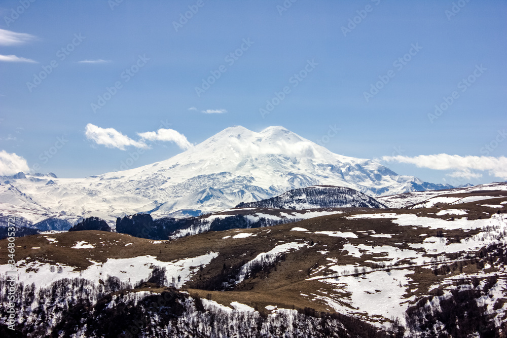 Russia Caucasus, Kabardino-Balkarian Republic. View of snowy Elbrus in spring in clear weather ..