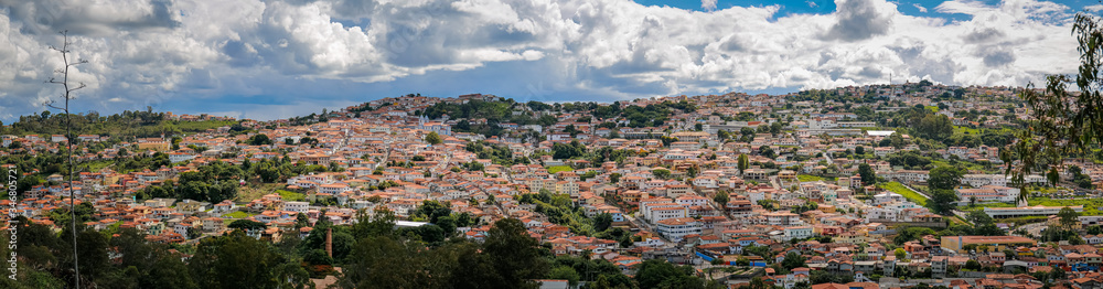Aerial view panorama with sunshine over the historic town and dramatic sky, Diamantina, Minas Gerais, Brazil