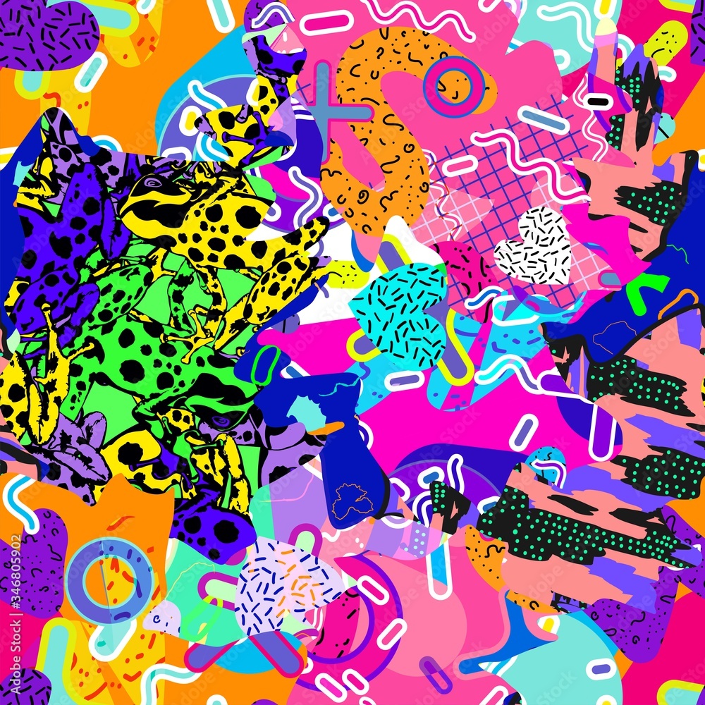 Obraz premium Abstract fun color pattern cartoon texture for doodle geometric background. Seamless ornament of amphibian frogs, butterflies, figures, circle, memphis, patchwork. Printing clothes for boys, girls.