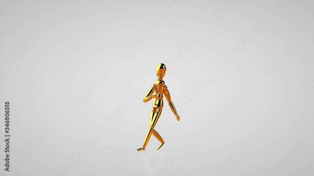 Funny golden mannequin doing a hip hop side step, seamless loop, white studio Funny golden mannequin doing a hip hop side step, seamless loop, white studio