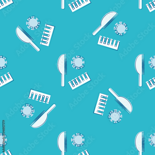 Comb, brush coronavirus vector seamless pattern background. Bright monochrome blue hairdressing tools sketch Covid 19 backdrop. All over print for quarantine, self isolation hair care concept, web use