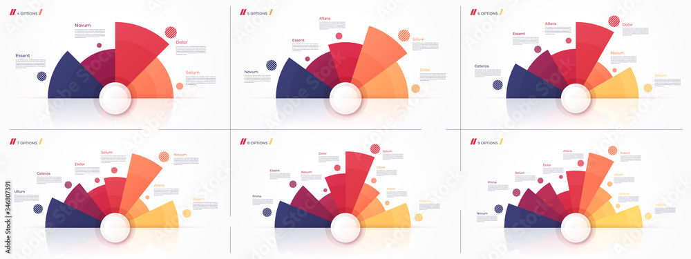 Set of vector circle chart designs, modern templates for creating infographics, presentations, reports, visualizations Set of vector circle chart designs, modern templates for creating infographics, presentations, reports, visualizations