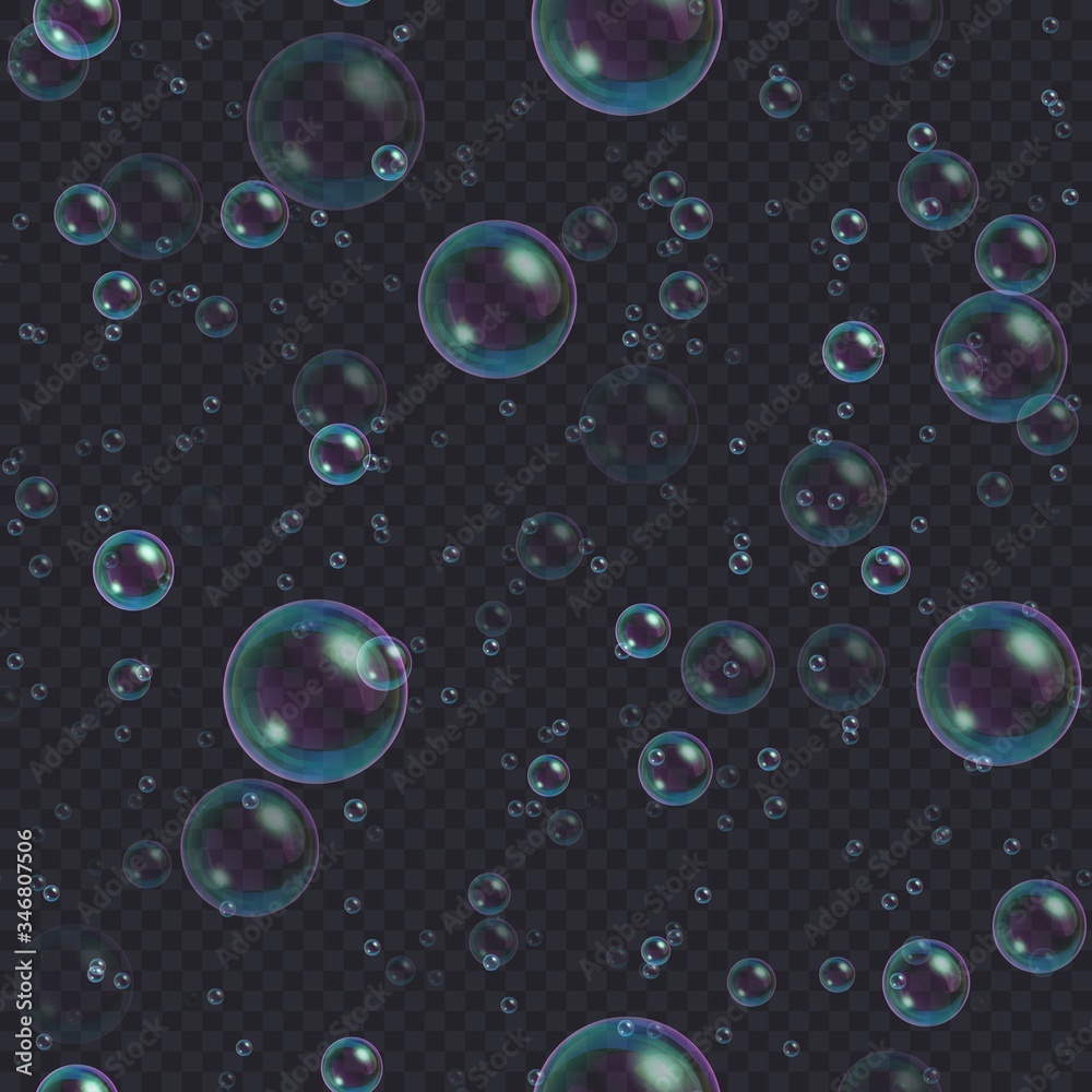 Soap bubbles seamless background. Abstract floating shampoo, bath lather pattern on dark backdrop. Realistic suds vector illustration.