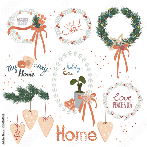 Set, holiday elements for cards, flyers, posters, banners in the form of wreaths, garlands, inscriptions symbolizing cosiness, family values ​​and love of home.
