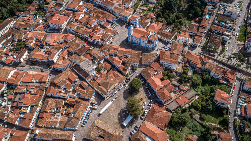 Close up aerial view in sunshine of the historic center of Diamantina, Minas Gerais, Brazil
