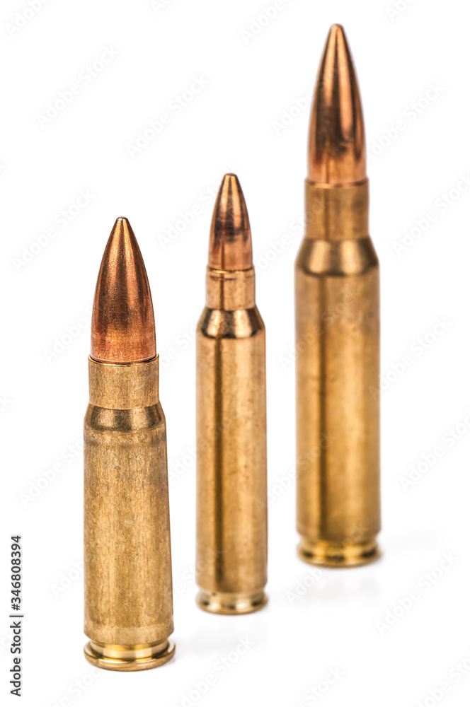 different caliber of rifle bullets on white different caliber of rifle bullets on white