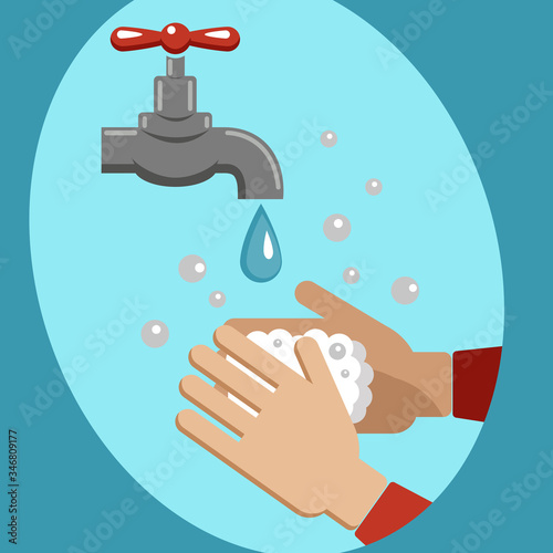 Wash their hands. Skin disinfection, antibacterial hand washing with soap under the tap, personal hygiene. Vector graphics. COVID-19 virus. Prevention of coronavirus.