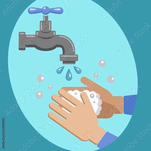 Hands are washed under the sewage from the tap. Hands with germs are washed with soap and water. Vector graphics. COVID-19 virus. Prevention of coronavirus.