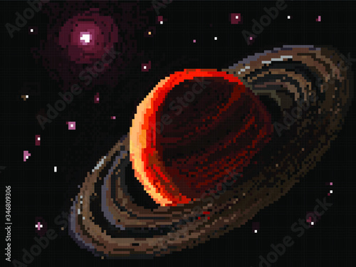 Pixel art wth Jupiter in the space with lights on a dark background