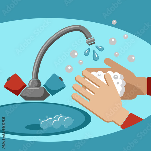 Personal hygiene. Wash your hands under the tap with sewage water. Vector graphics. Hand sanitizer. COVID-19 virus. Prevention of coronavirus.