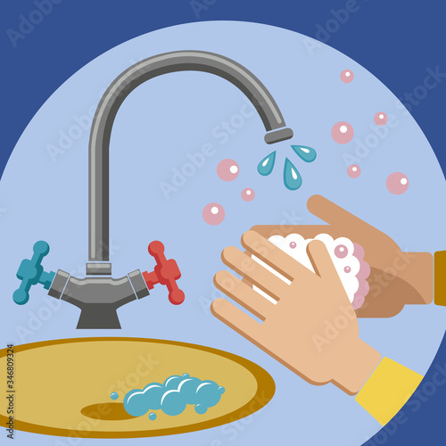 Hand washing with soap. Vector graphics. Water flows from the tap. Vector graphics. Hand sanitizer. COVID-19 virus. Prevention of coronavirus.