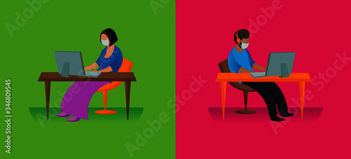 Man and woman practicing soocial distancing in the workplace to defeat Covid-19